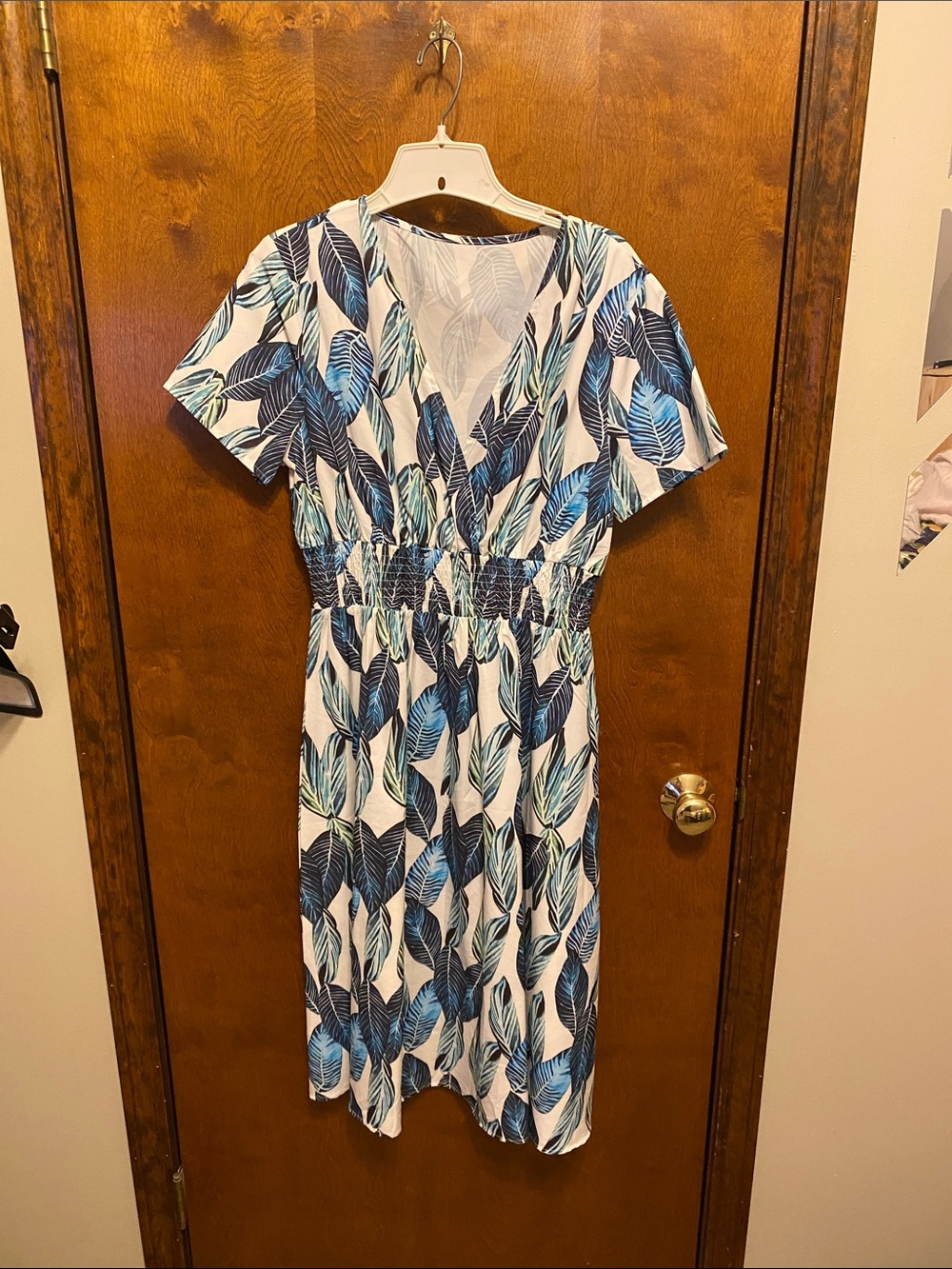 SHEIN Blue and White Leaf-Print V-Neck Midi Dress